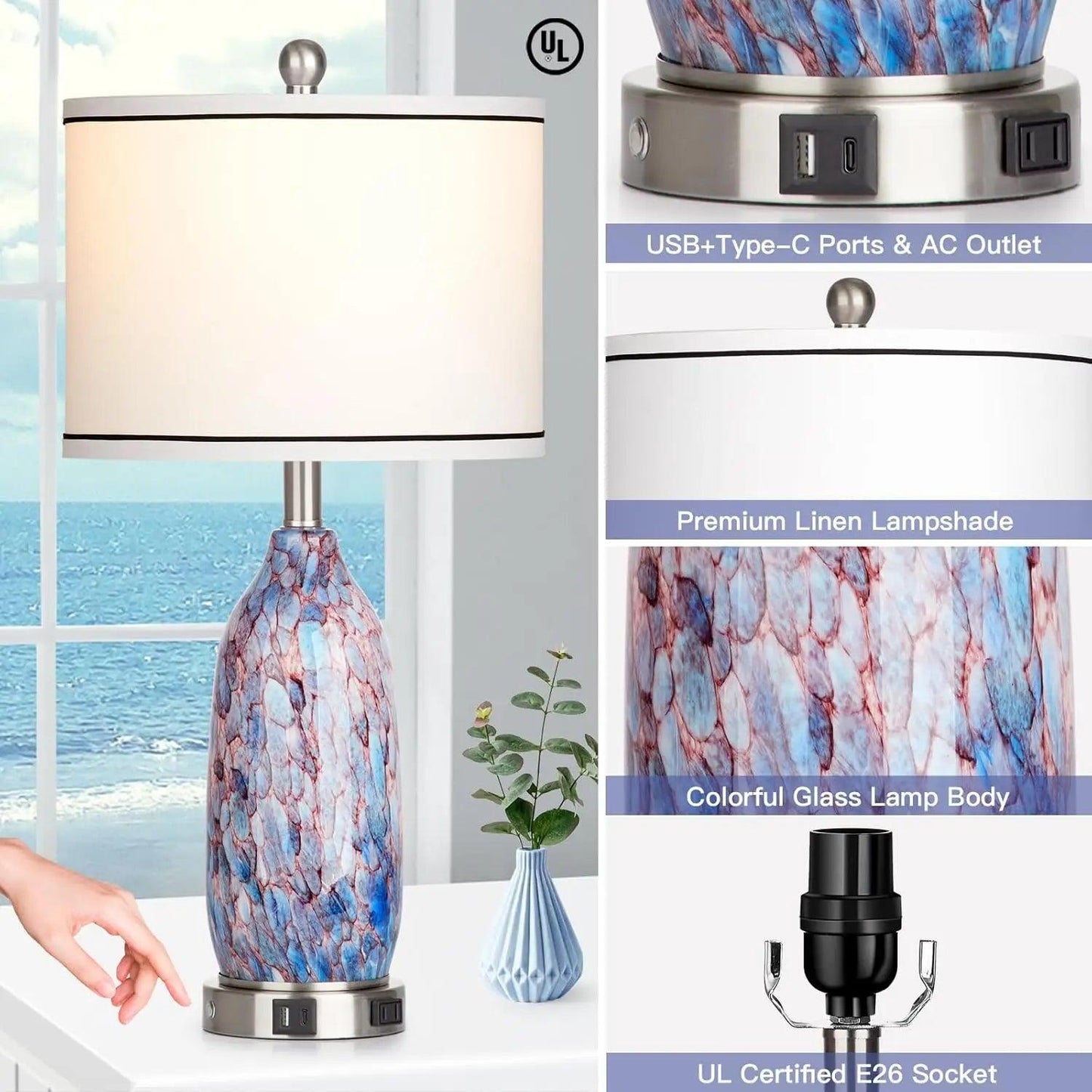 26" Coastal Glass Table Lamp (Set of 2)