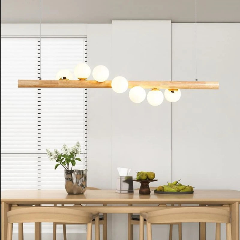 Solid Wood Milk White Glass Balls Pendant Light