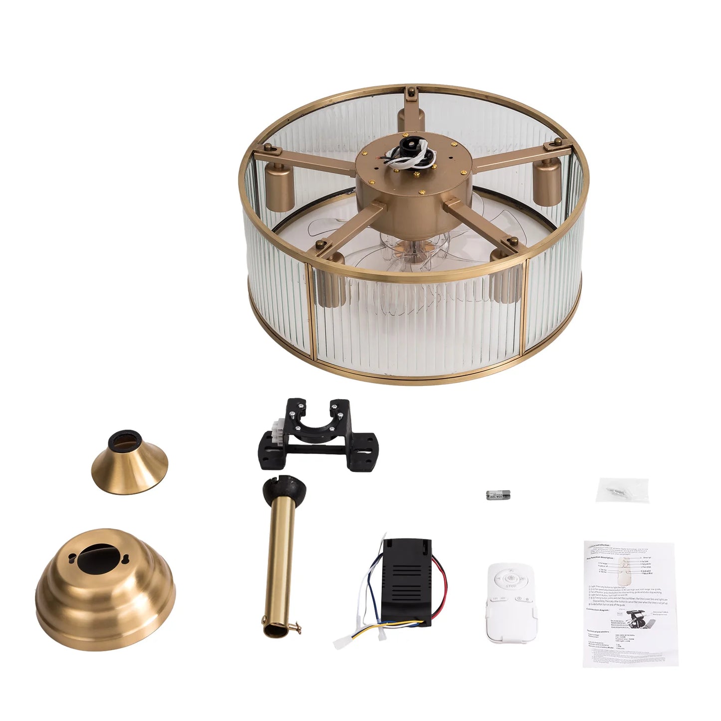 Macy Grey 5-Light Remote Controlled Caged Ceiling Fan And Light With Fixture Gold